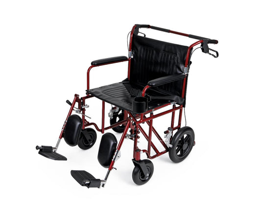Medline Heavy Duty Bariatric Transport Chair, Extra Wide 22" Seat, Permanent Full-Length Arms, Elevating Legrests, Red Frame