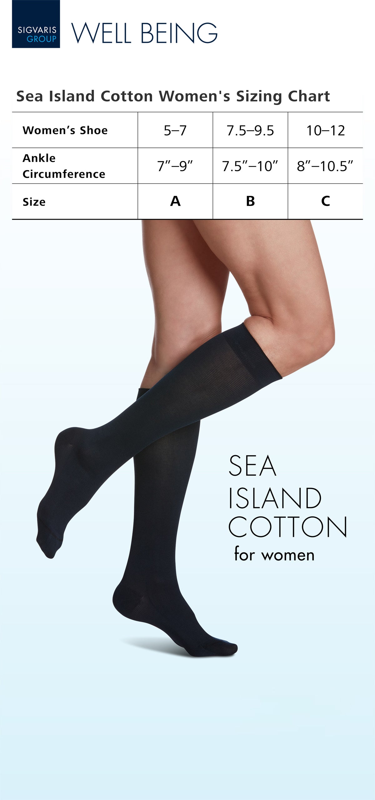 Sigvaris Sea Island Cotton women's knee high size chart