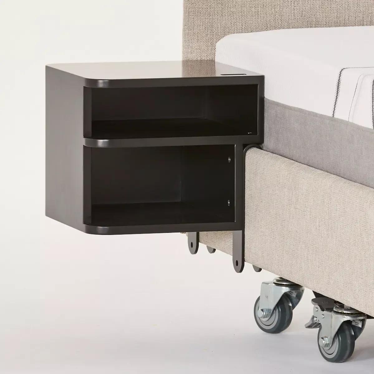 Icare bed mounted side table with two shelves