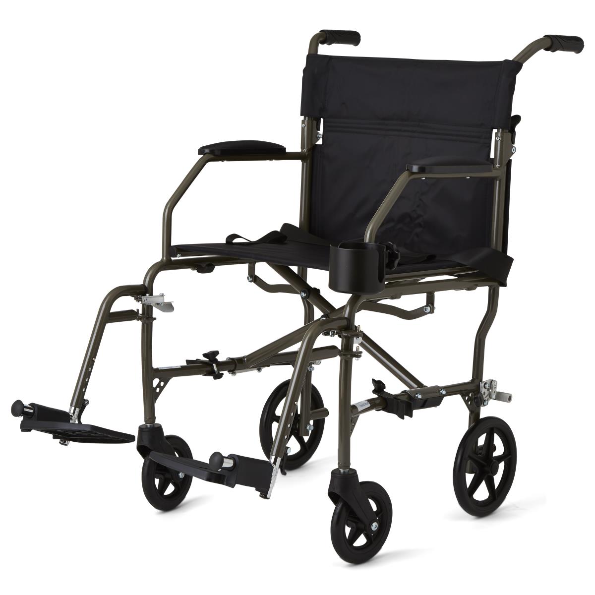 Medline Ultralight Transport Mobility Wheelchair, 19" Wide Seat, Permanent Desk-Length Arms, Swing Away Footrests