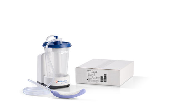 PureWick Urine Collection System with battery shown alongside its retail packaging.
