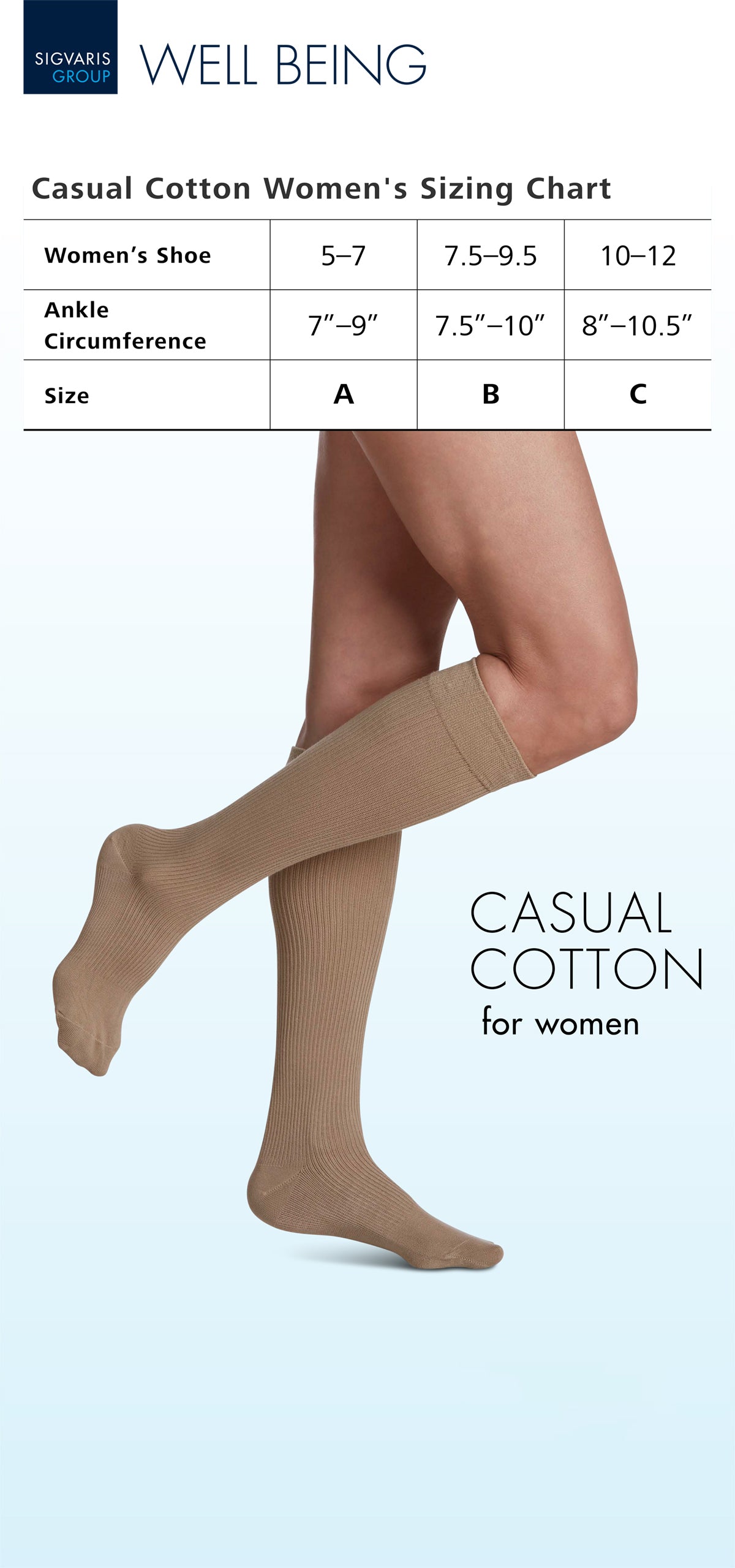 Sigvaris Casual Cotton women's knee high size chart