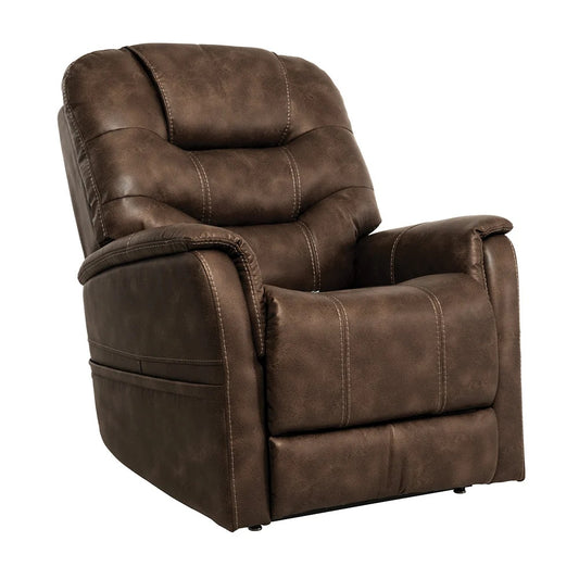 Pride VivaLift Elegance 2 power lift recliner in Walnut, upright seated position