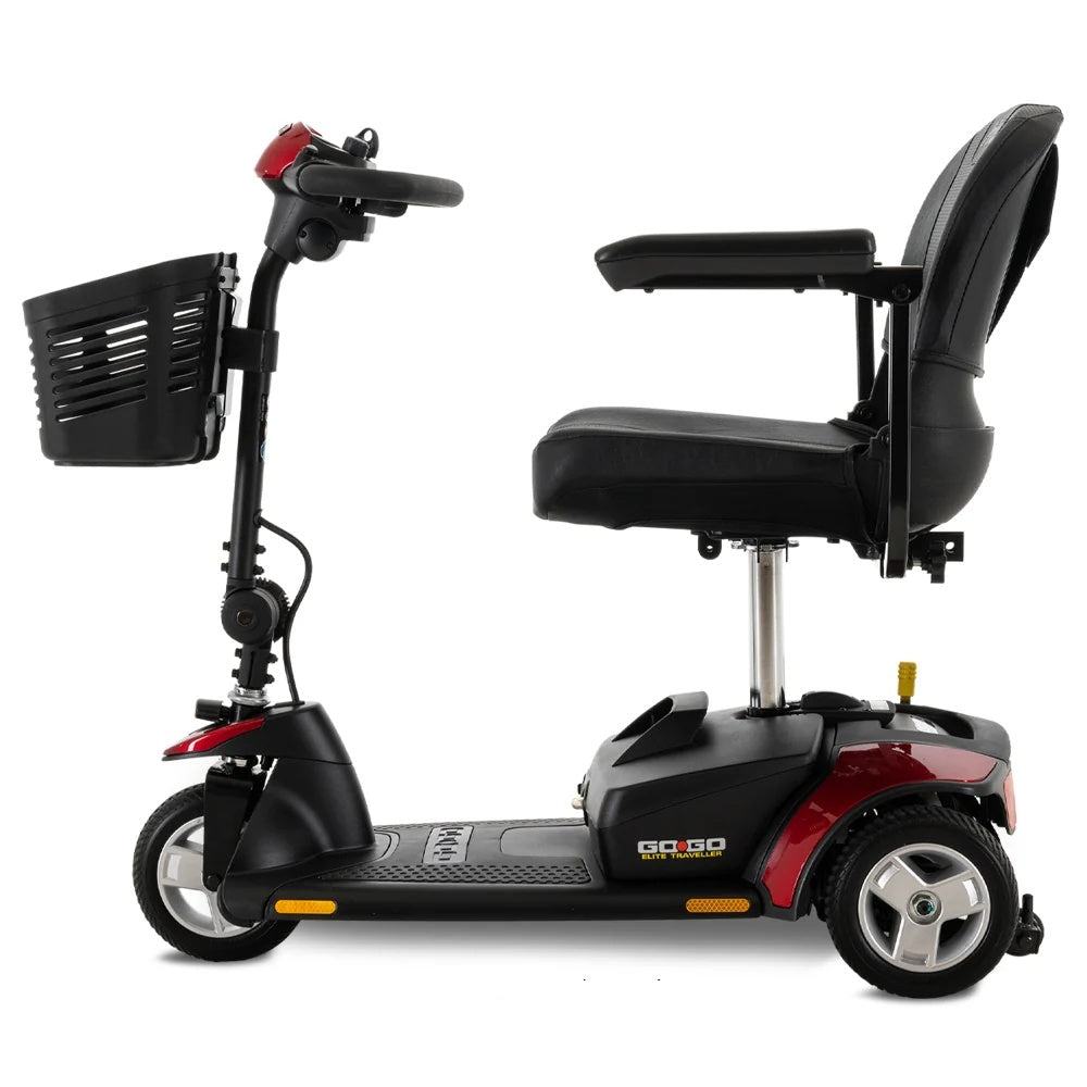 Pride Go Go Elite Traveller 3-wheel scooter in Red, left side profile