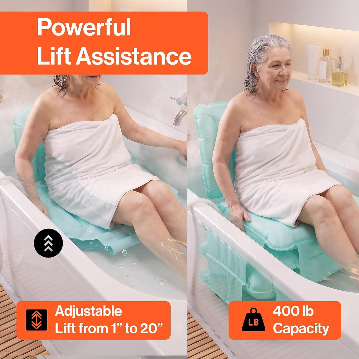 Inflatable bath lift in raised position