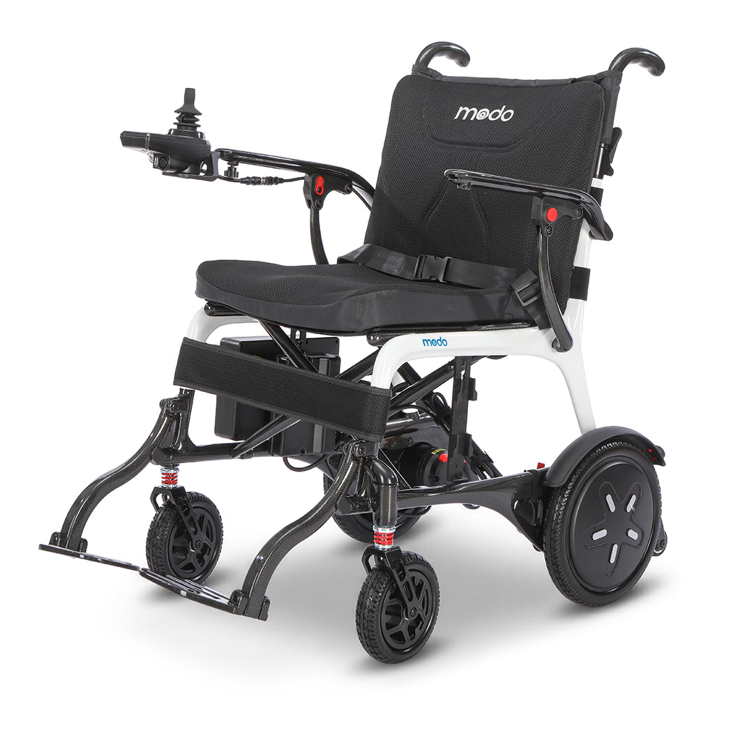 WHILL Modo Breeze folding electric wheelchair, three-quarter left view