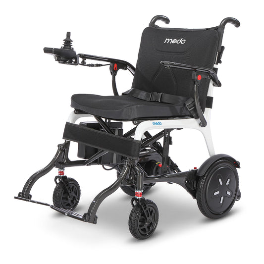 WHILL Modo Breeze folding electric wheelchair, three-quarter left view