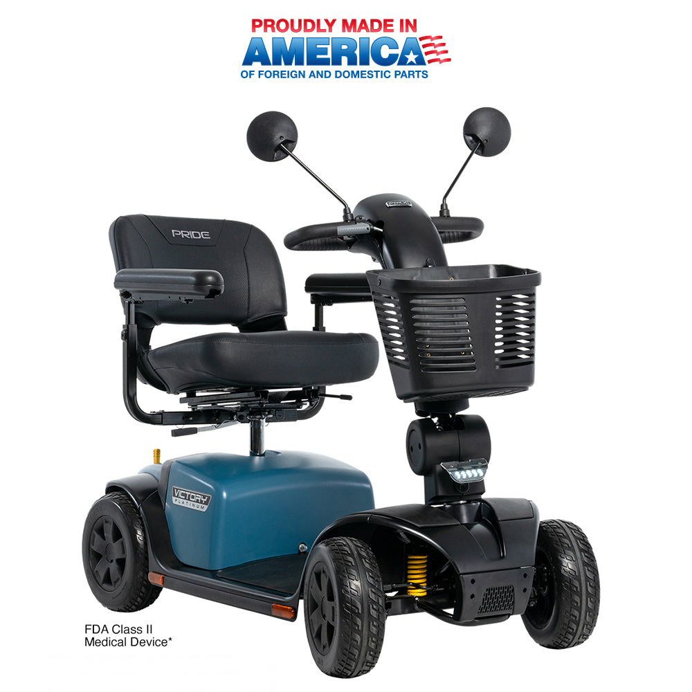 Pride Victory Platinum four-wheel mobility scooter, right front view, showing full suspension, delta tiller, front basket and swivel seat